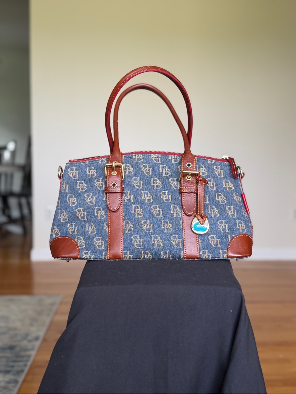 Dooney & Bourke Blue Monogram Satchel with Brown Leather Accents